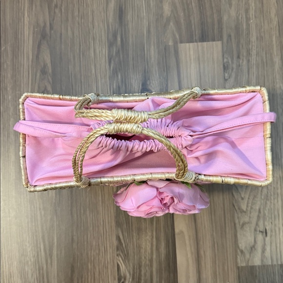 Christian Livingston Vintage Raffia Pink Fabric Roses Lined Top Handle Bag 8x10 - Picture 13 of 16